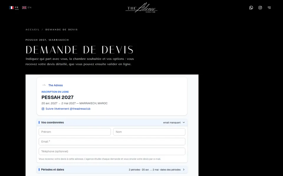 Formulaire de demande de devis du site The Adress Kosher Club