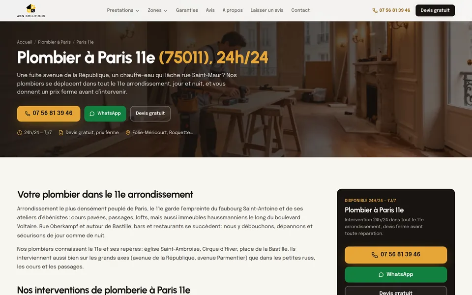 Page « Plombier à Paris 11e » du site ASN Dépannage