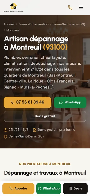 Page « Artisan dépannage à Montreuil (93100) » sur téléphone, avec les quartiers de la ville