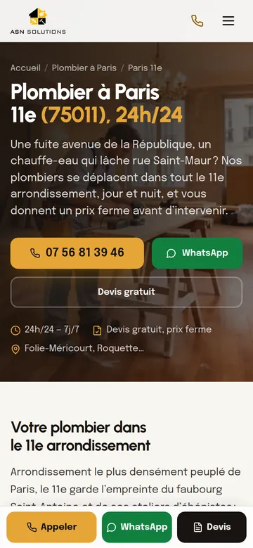 La page « Plombier à Paris 11e (75011), 24h/24 » sur téléphone