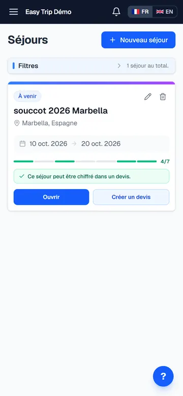 Easy Trip sur téléphone : la liste des séjours