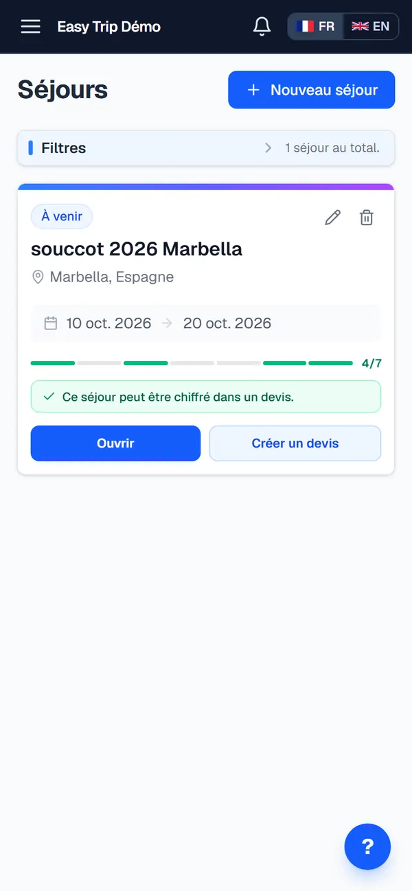 Easy Trip sur téléphone : la liste des séjours de l'organisateur
